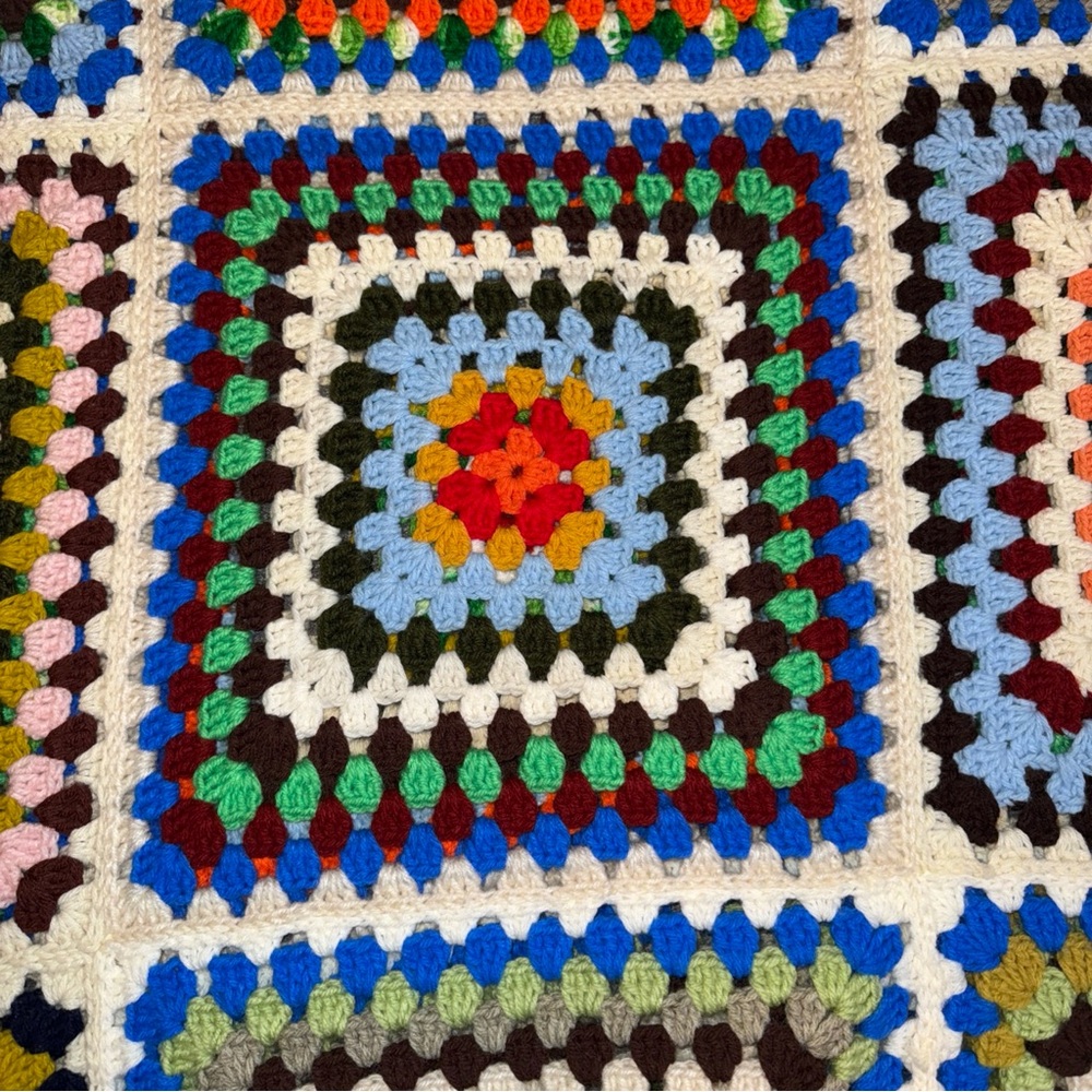 Vintage Boho Knitted Colorful Large Granny Square Afghan Blanket throw 80x84 - Picture 3 of 5